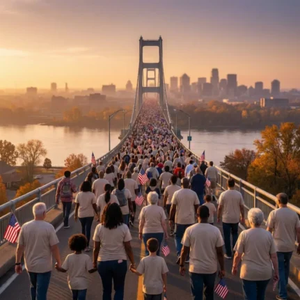 Walkers carrying American flags cross a river bridge at the Warriors Walk, Warrior Ridge's veterans charity walk