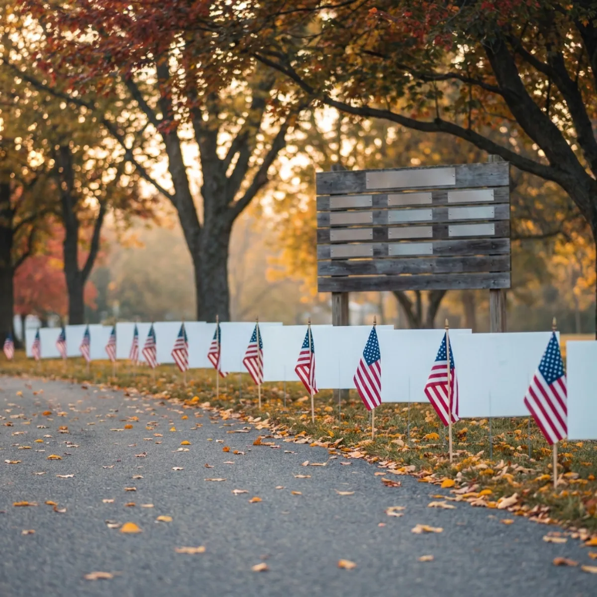 American flags and sponsor yard signs line the Warriors Walk route beside a group sponsorship board
